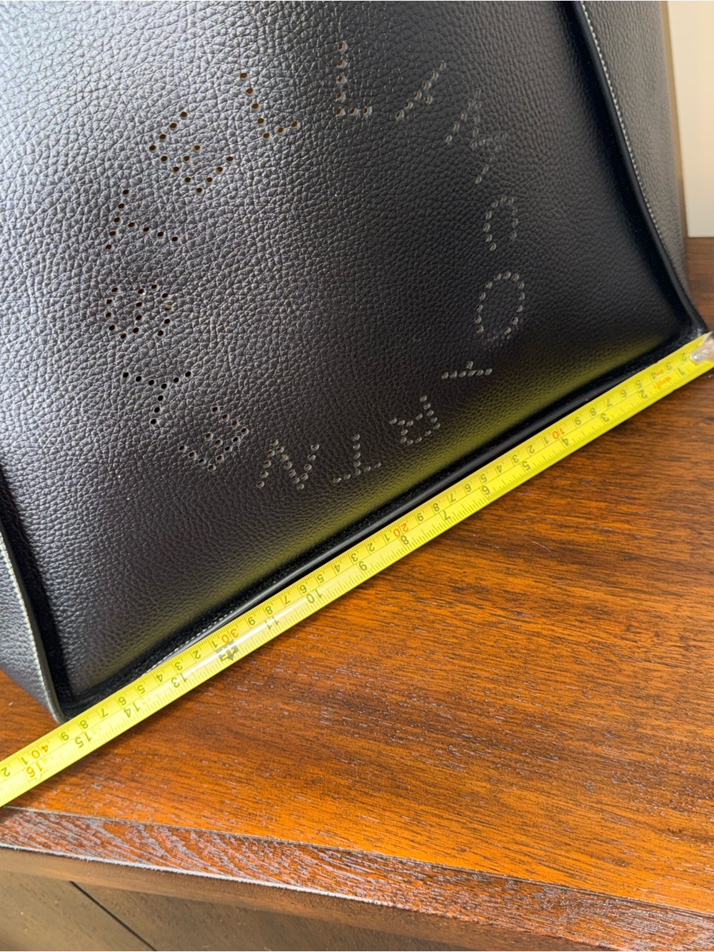 Stella McCartney Black Vegan Leather Perforated Logo Tote with Mustard Interior - Picture 3 of 12